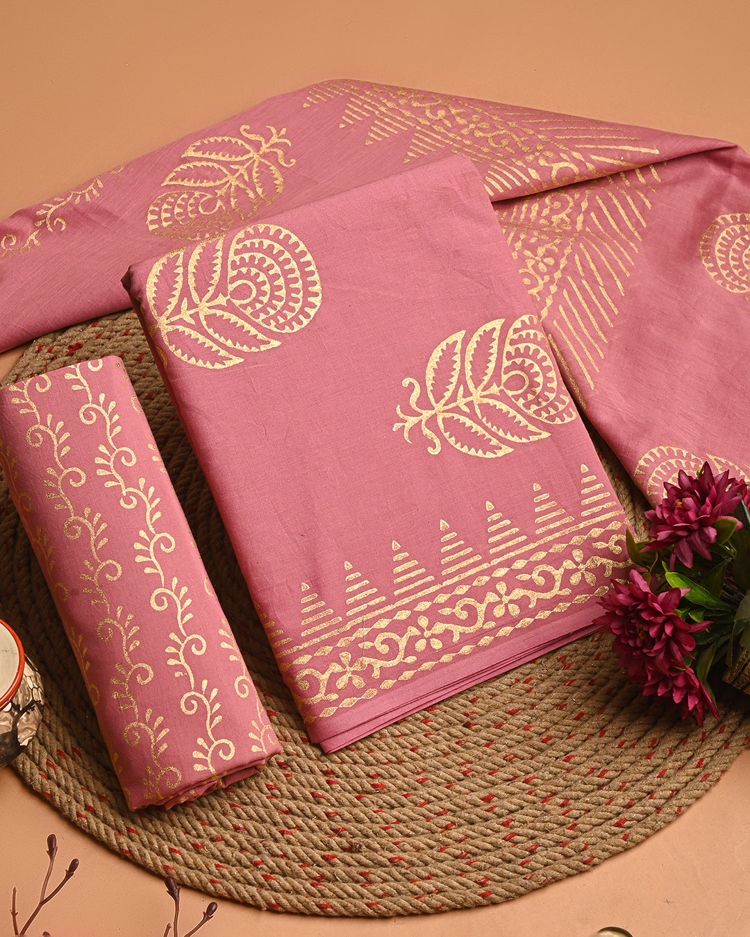 New Pink Discharge Cotton Suit With Cotton Dupatta(EACOTMU43)