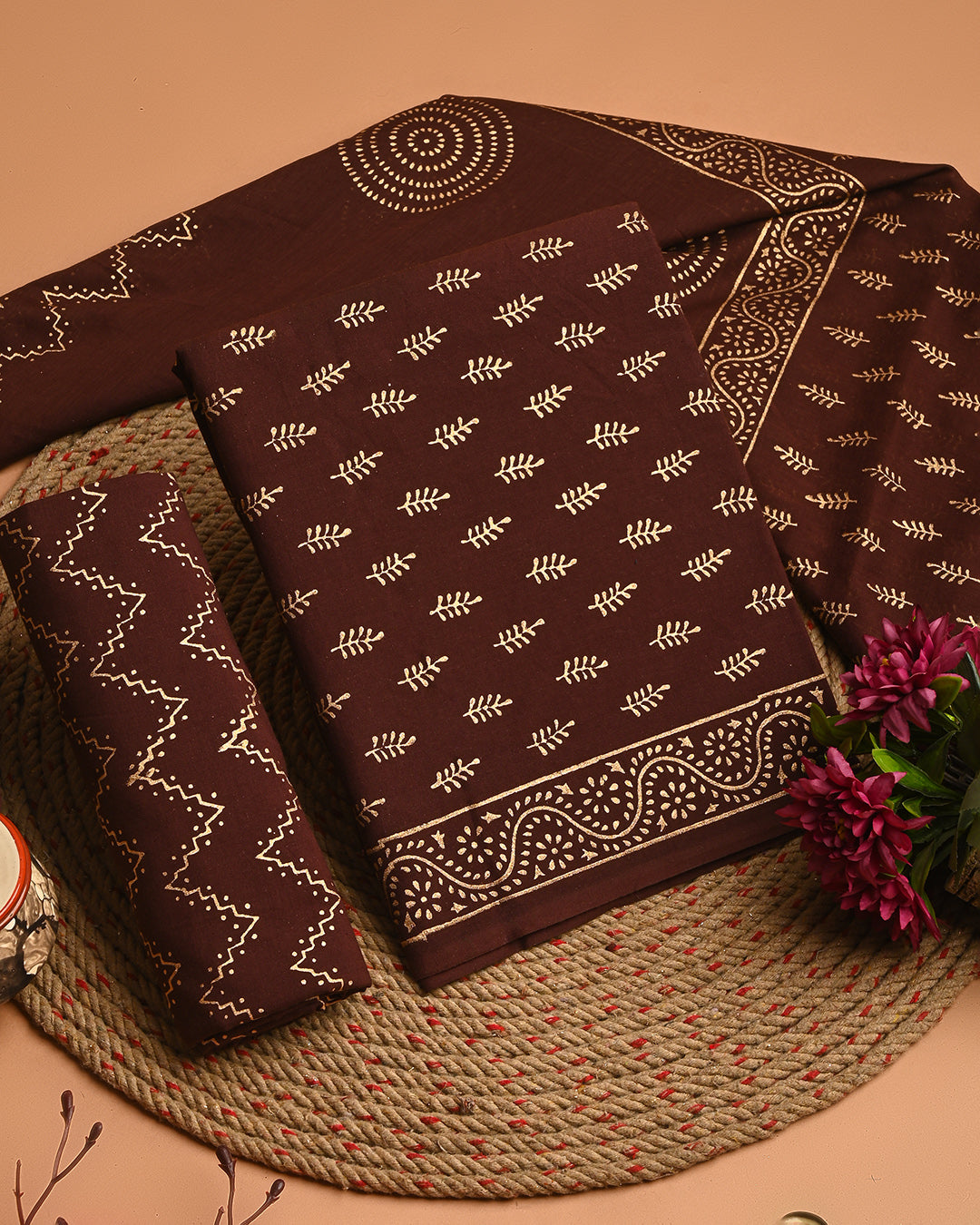 Exclusive Brown Cotton Suit With Mulmul Dupatta EACOTMU56