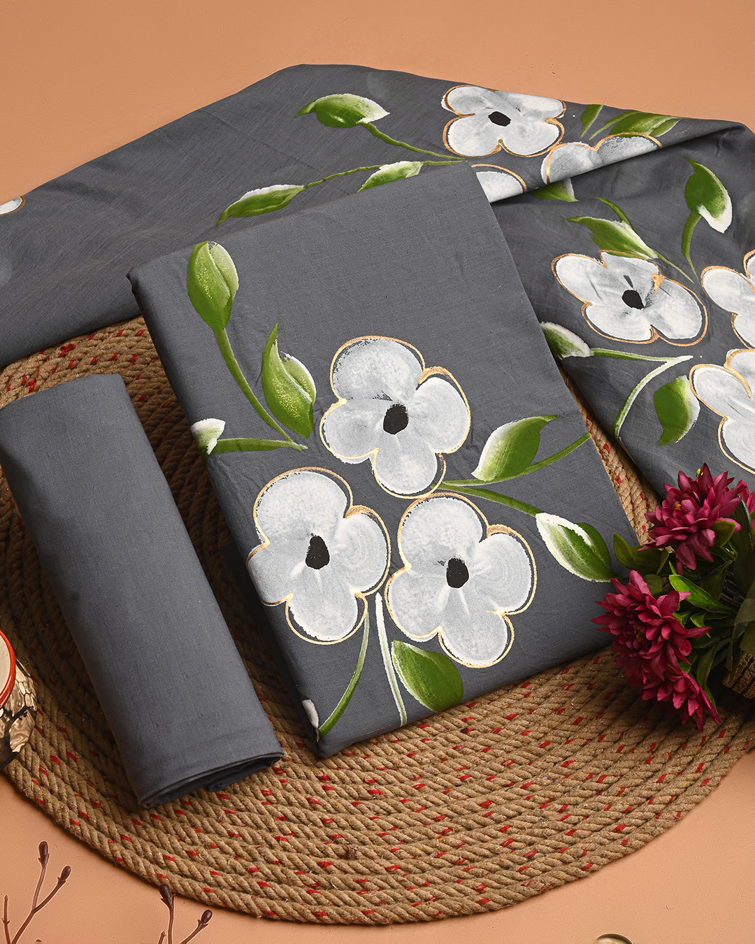 Premium Grey and White Floral Cotton Suit With Cotton Dupatta EACOTMU53