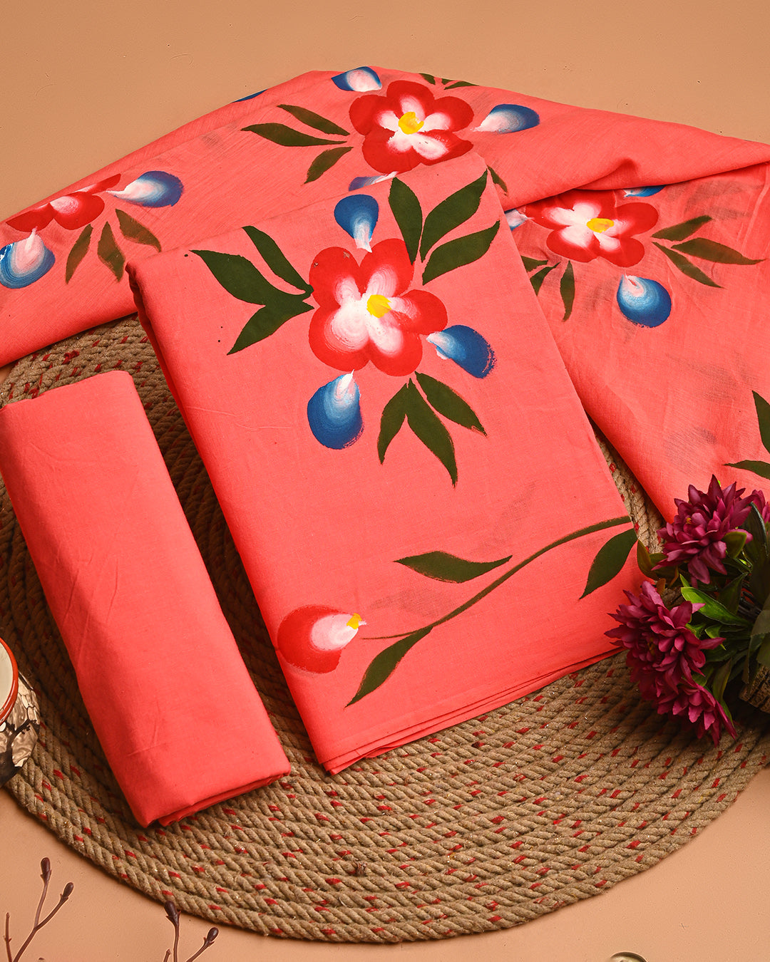 Exclusive Orange Floral Hand Painted Cotton Suit With Cotton Dupatta (EACOTMU58)