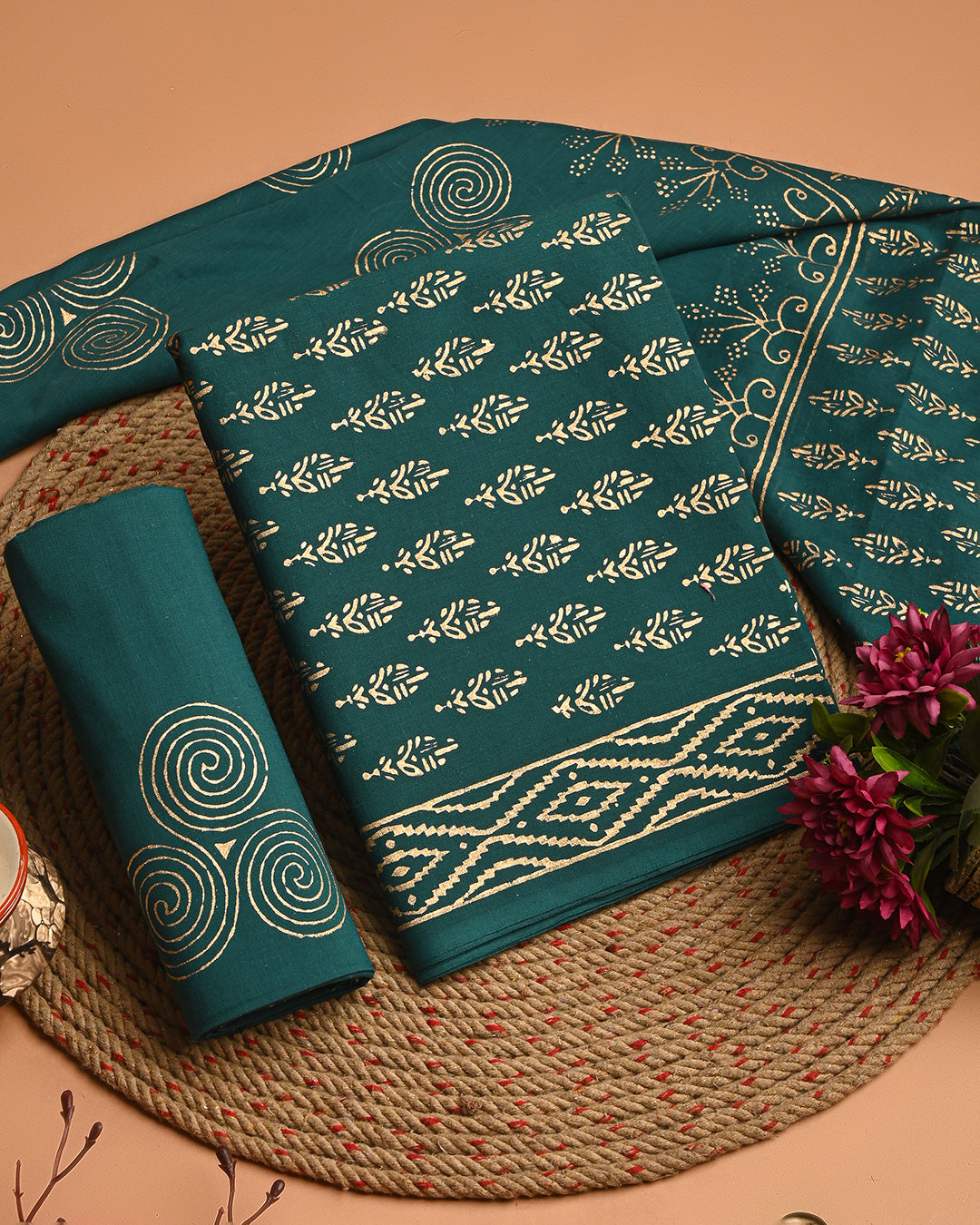 Designer Green Golden print Cotton Suit With Cotton Dupatta EACOTMU59