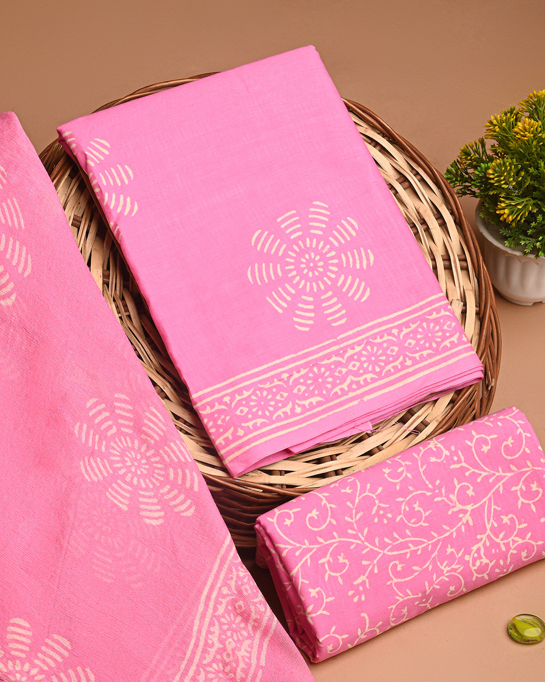 Traditional Pink Discharge Cotton Sets With Chiffon Dupatta EACOTCH65