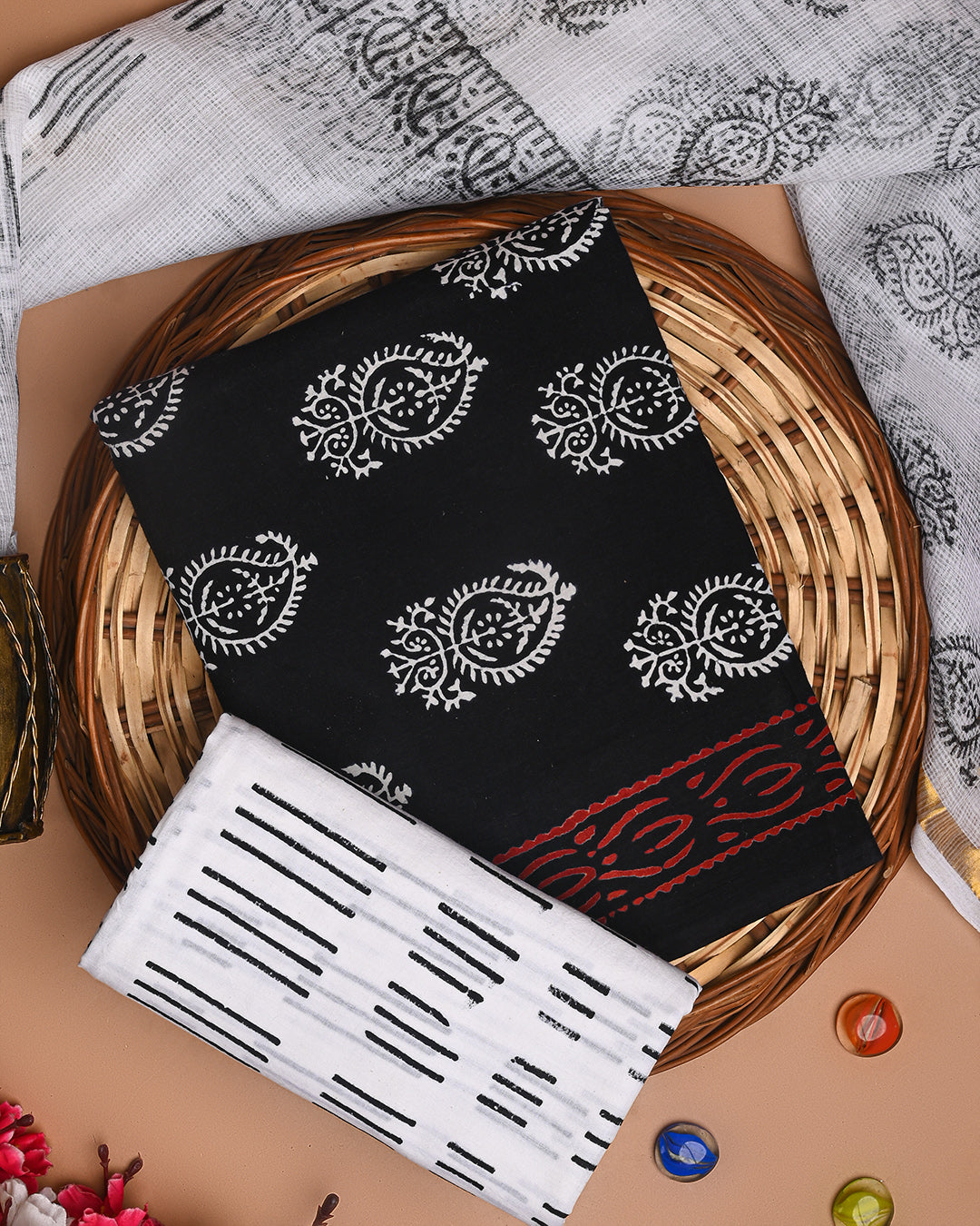 Premium Black and White Print Cotton Suit With Kota Doria Dupatta (EACOTKO51)