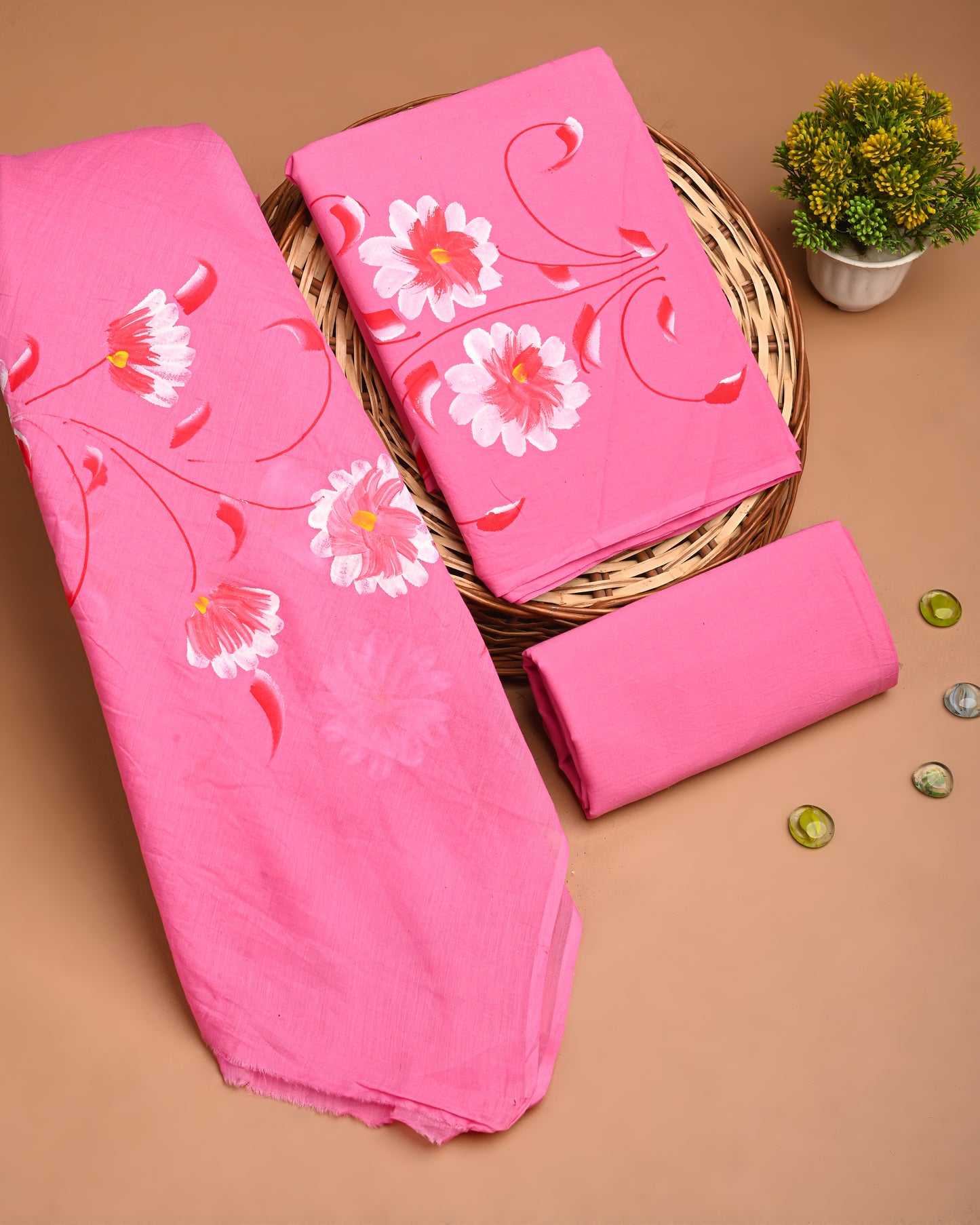 Pink floral Hand Printed Cotton Suit With Cotton Dupatta EACOTMU65