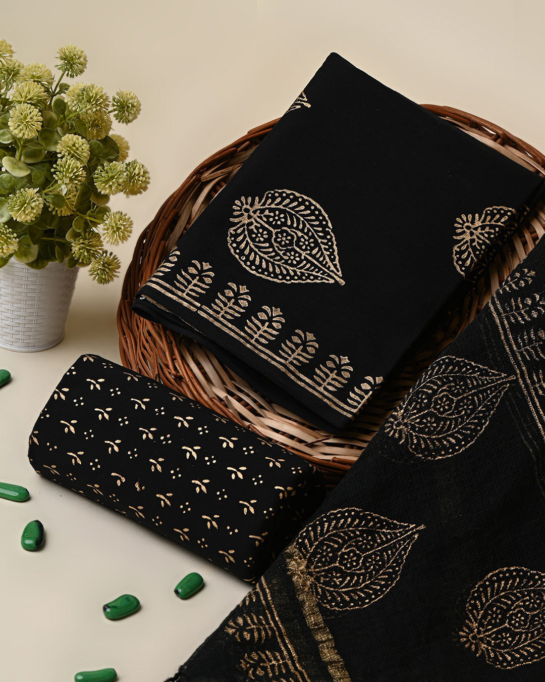 Premium Black Hand Block Elegant Gold Print Cotton Suit With Kota Dupatta (BSCOTKO08)