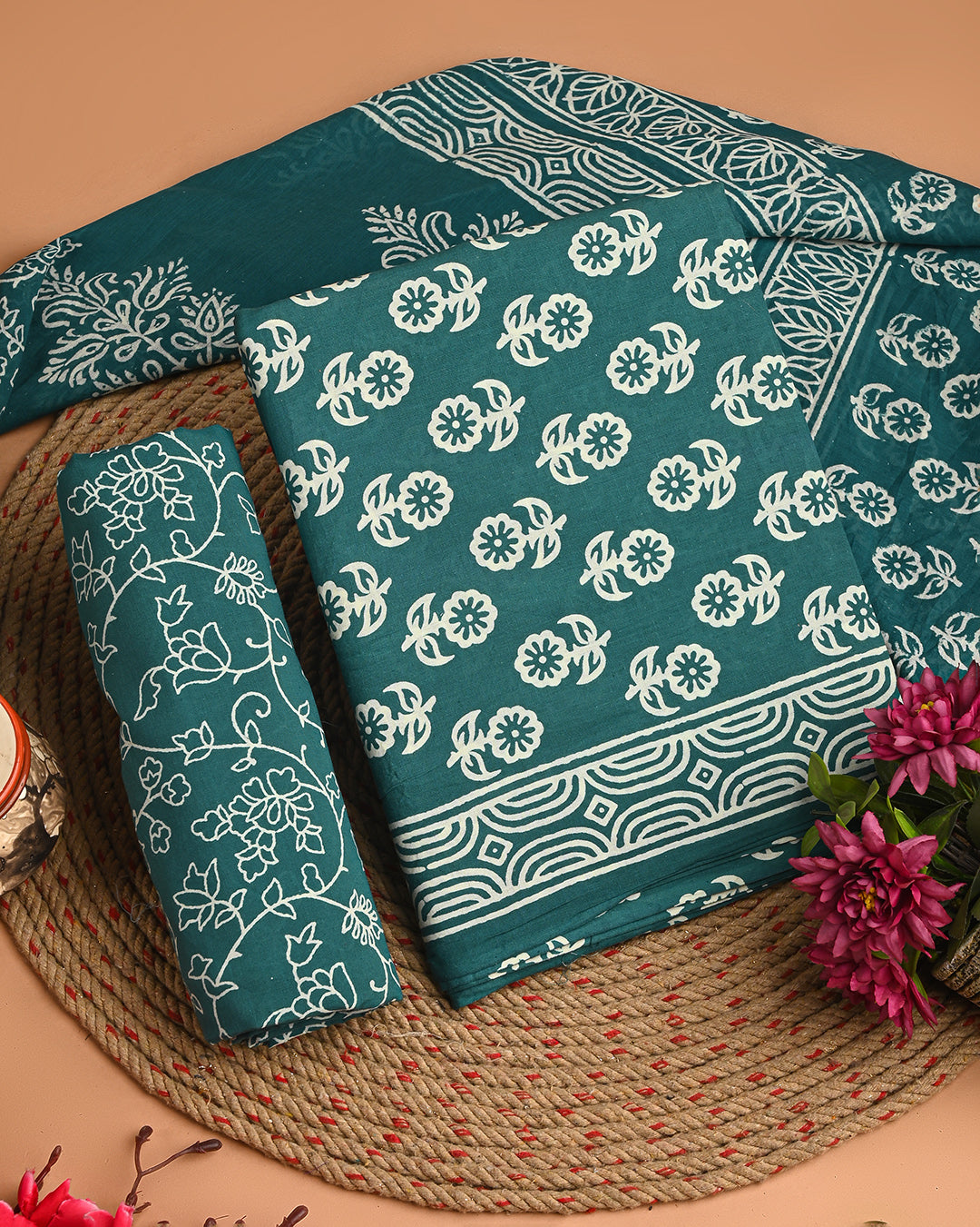 Exclusive Green Booti Discharge Hand Block Printed Cotton Suit With Mulmul Duptta EACOTMU76