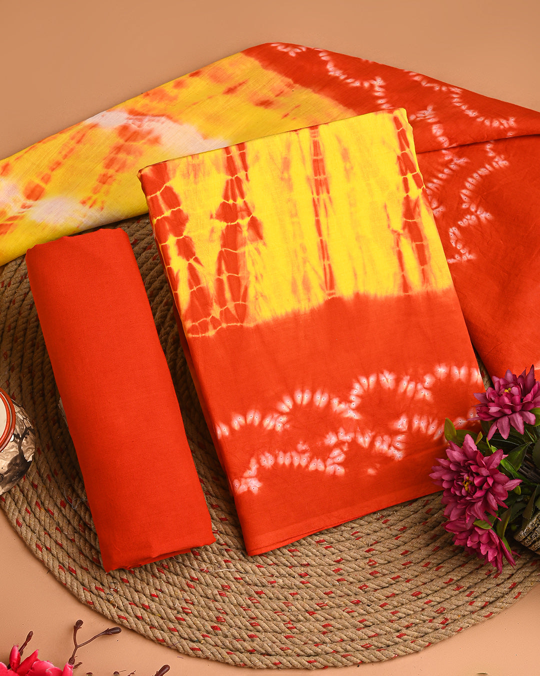 Exclusive Yellow & Orange Tie & Dye Print Cotton Suit With Cotton Dupatta (EACOTMU80)