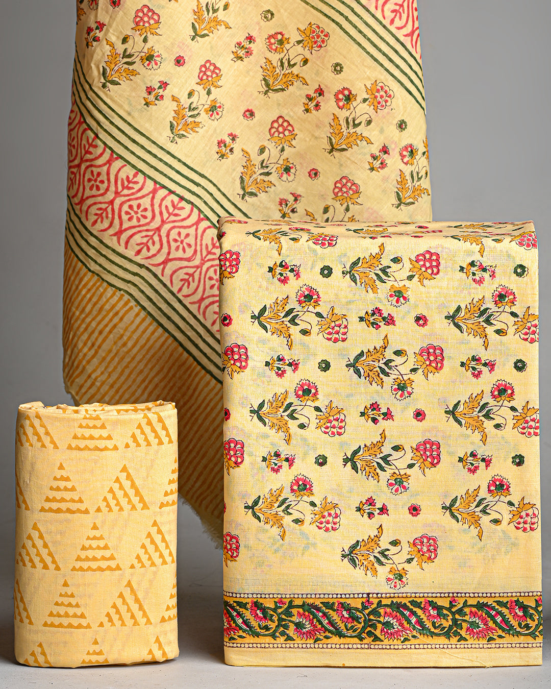 Premium Yelllow Hand Block Printed Cotton Suit With Cotton Dupatta (BSCOTMU06)