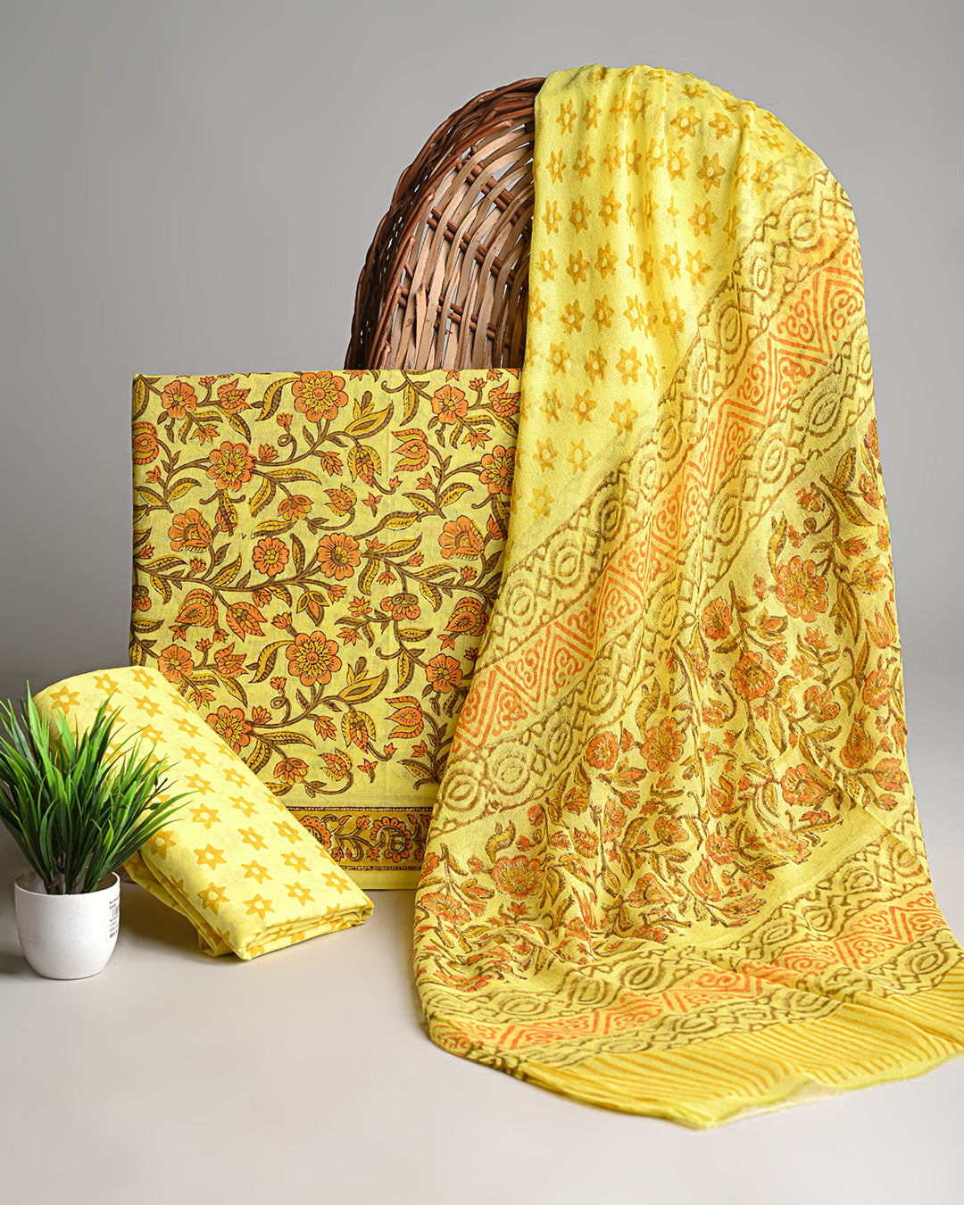 Premium Yellow Hand Block Sanganeri Print Cotton Suit With Chiffon Dupatta(BSCOTCH26)