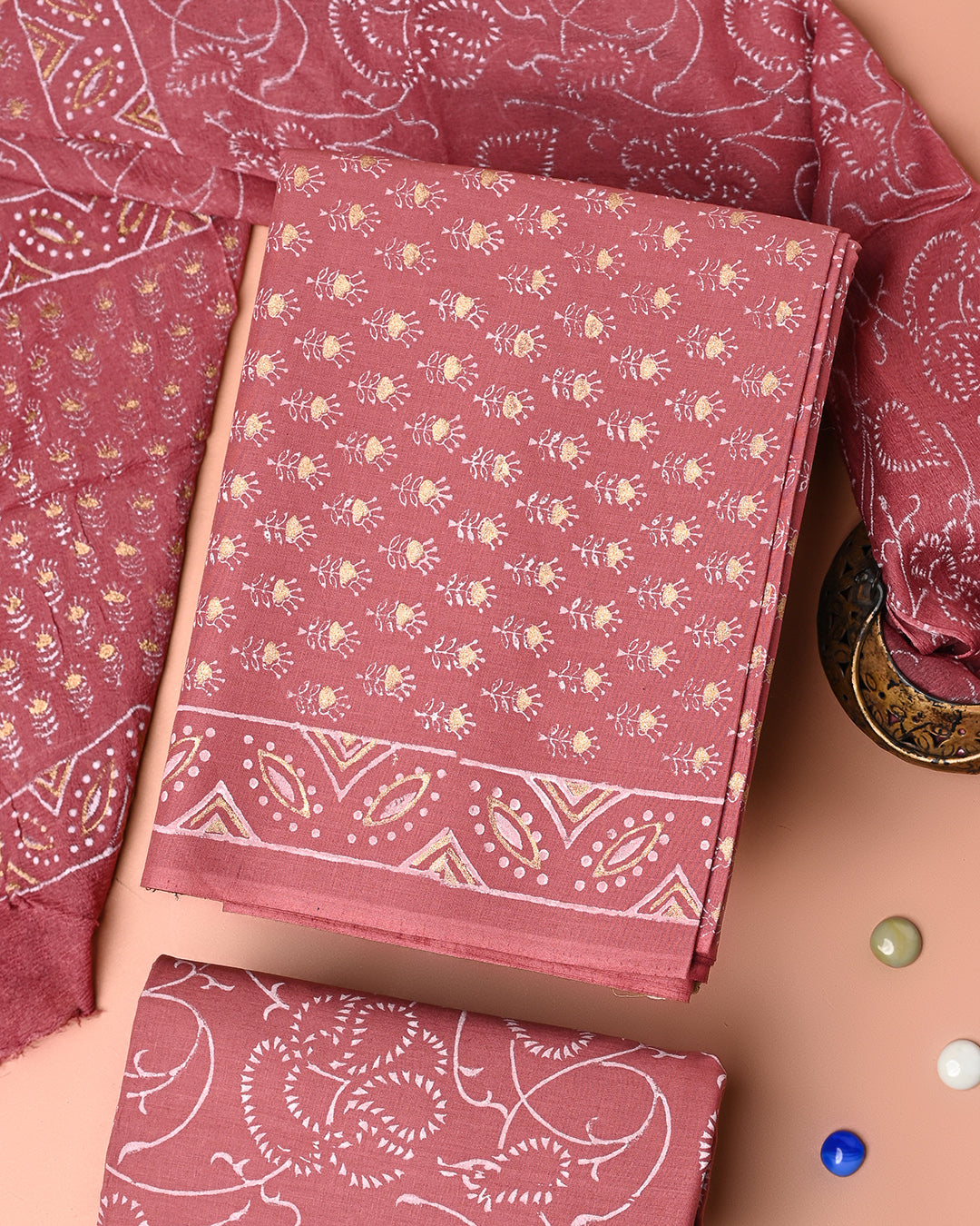 Premium Khadi Gold Printed Cotton Suit With Chiffon Dupatta (BSCOTCH106)
