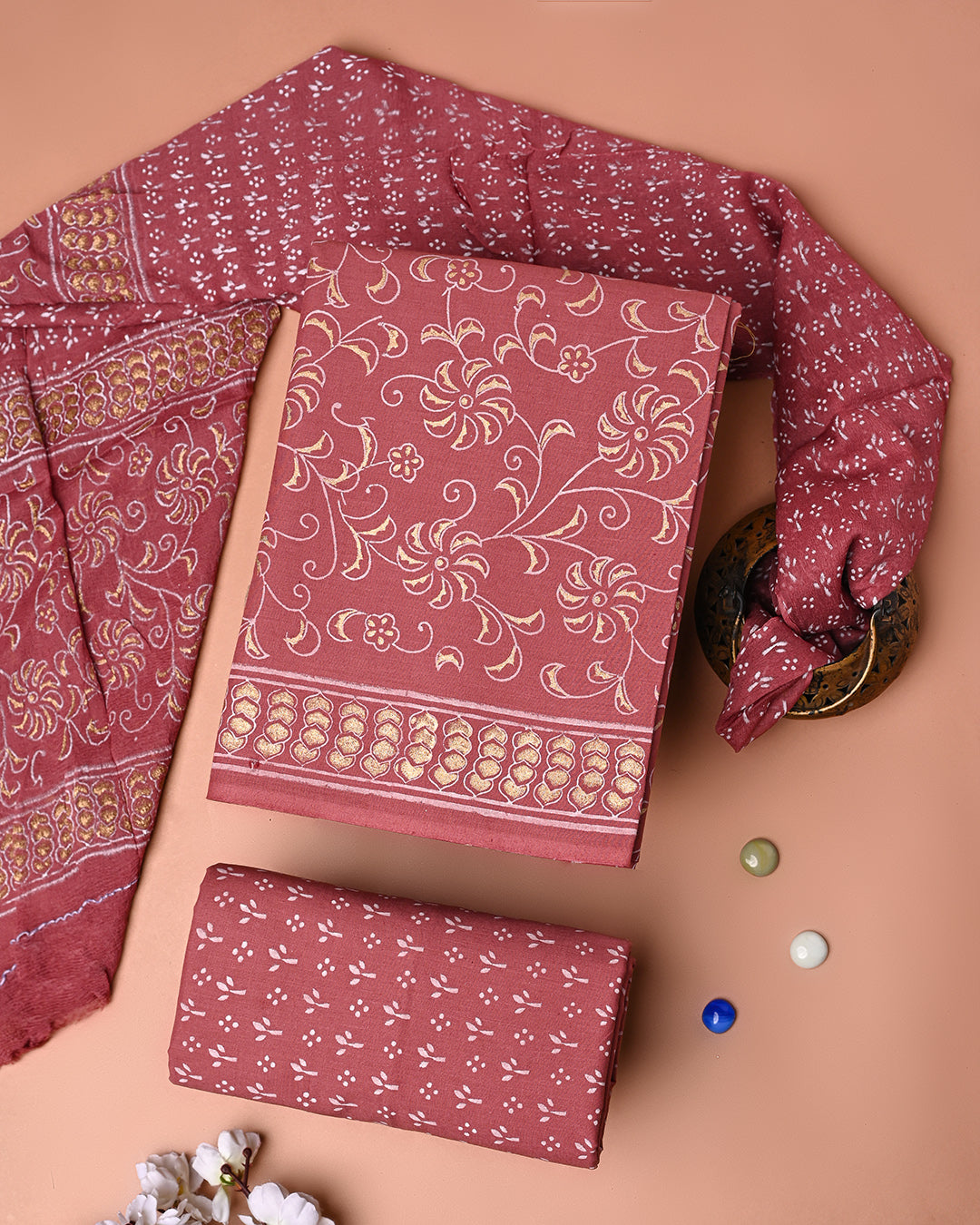 Premium Khadi Gold Printed Cotton Suit With Chiffon Dupatta (BSCOTCH110)