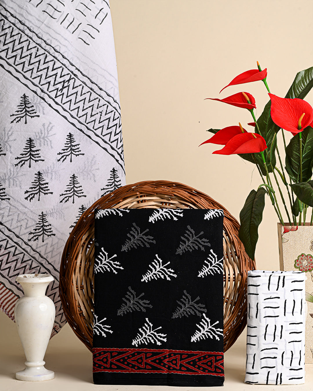Traditional Black And White Print Cotton Suit With Mulmul Dupatta (BSCOTMU31)