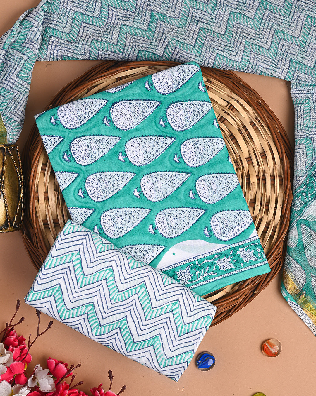 Exclusive Green Discharge Print Cotton Suit With Kota Dupatta EACOTKO45