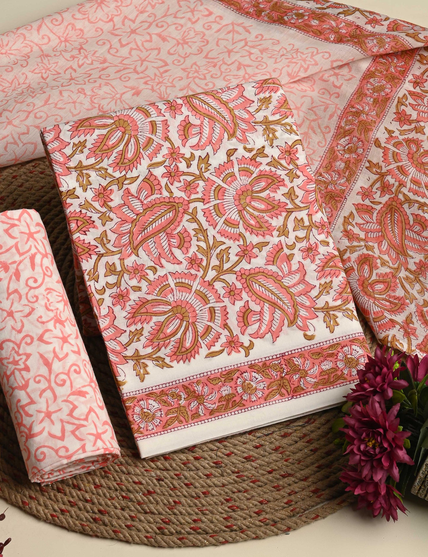 Premium Orange Sanganeri Printed Cotton Suit With Cotton Dupatta(EACOTMU21)