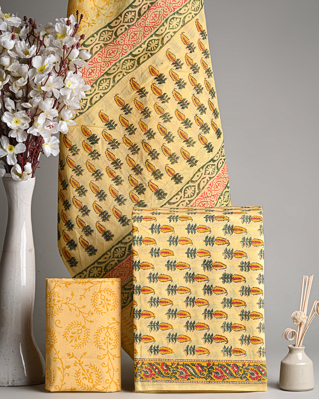 Premium Yellow Hand Printed Cotton Suit With Cotton Dupatta EACOTMU04