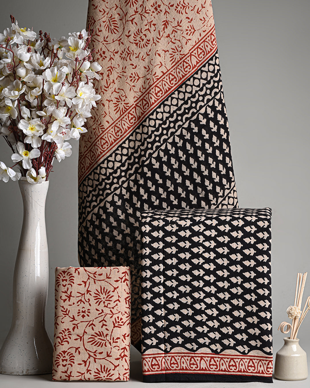 Premium Black and red Hand Block Printed Cotton Suit With Mulmul Dupatta (EACOTMU29)