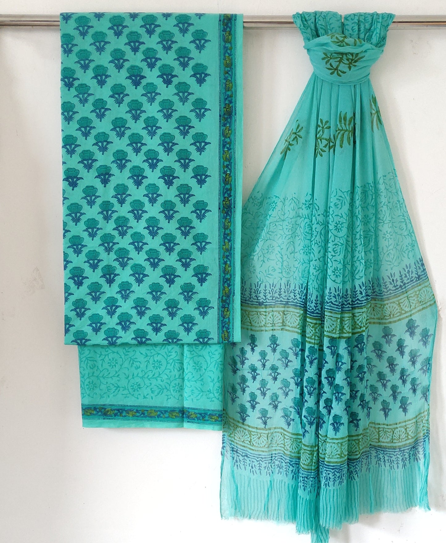 Premium Blue Hand Block Print Cotton Suit Sets With Chiffon Dupatta EACOTCH10