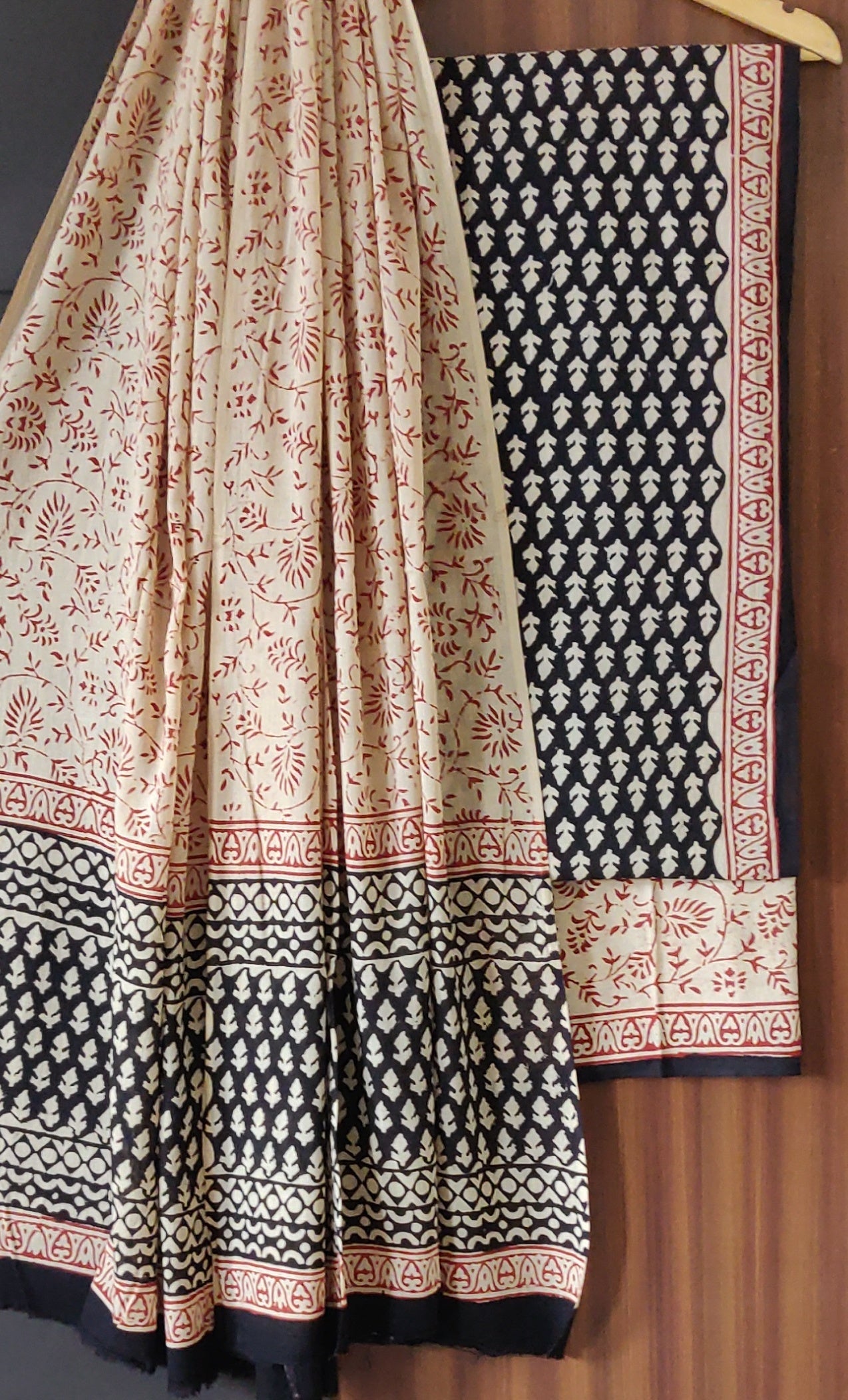 Premium Black and Brown Hand Block Printed Cotton Suit With Mulmul Dupatta EACOTMU29