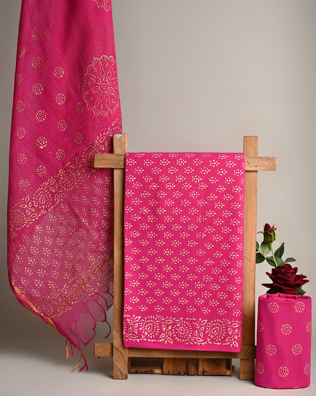 New Pink with Golden Strips Hand Block Print Cotton Suit With Kota Dupatta EACOTKO13