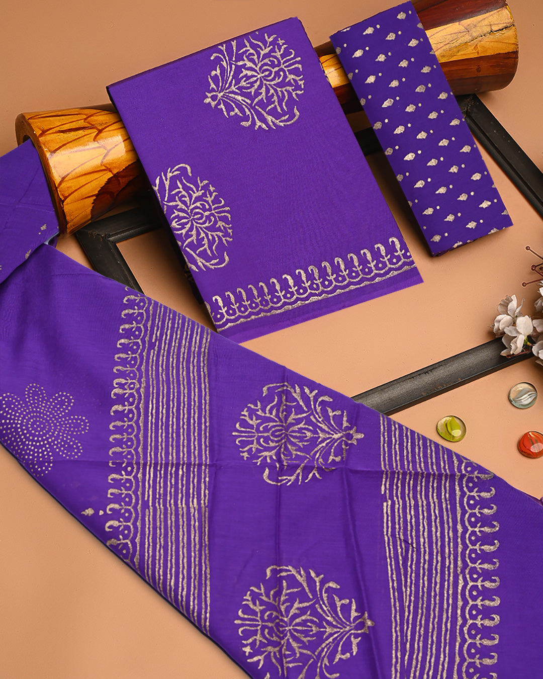 Exclusive Gold floral Hand block printed Cotton Suit With Cotton Dupatta (BSCOTMU57)