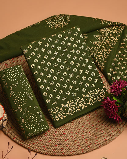 Exclusive Dark Green  Cotton Suit With Cotton Dupatta(EACOTMU45)