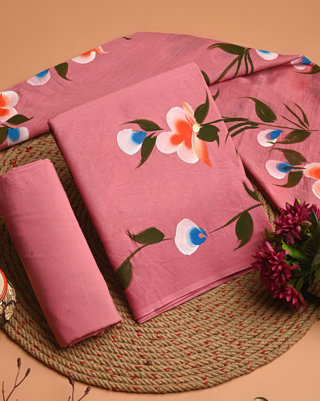 New Pink  Floral Hand Block Printed Cotton Suit With Cotton Dupatta(EACOTMU62)