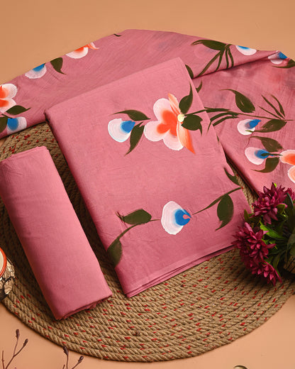New Pink  Floral Hand Block Printed Cotton Suit With Cotton Dupatta(EACOTMU62)