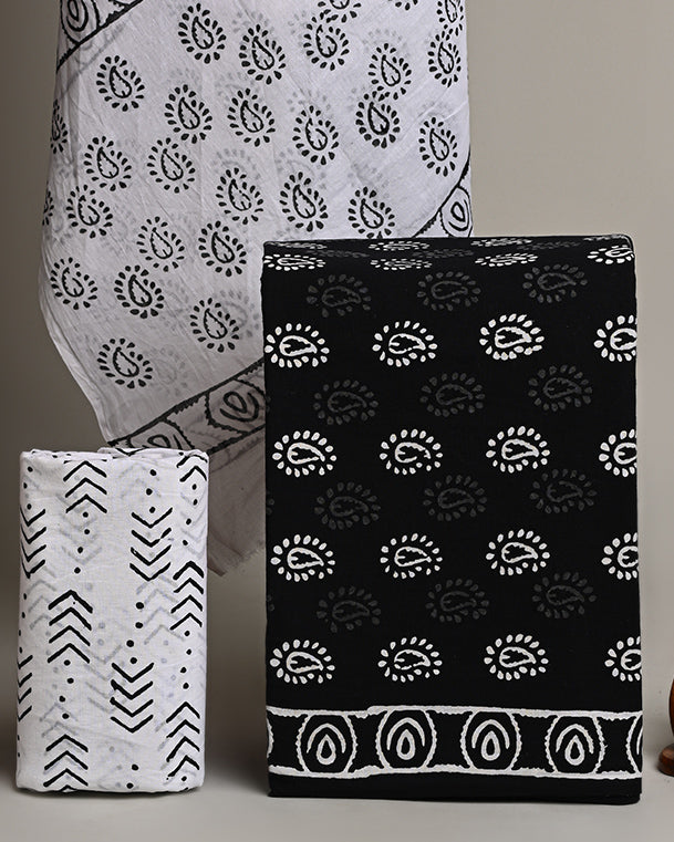 New Black and White Sanganeri Print Cotton Suit With Cotton Dupatta (EACOTMU22)