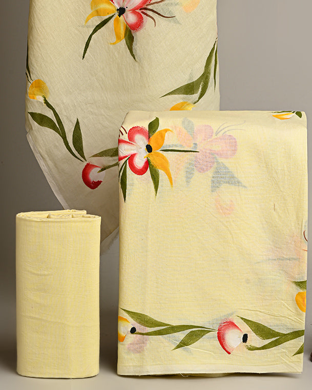 Premium Yellow And Red Floral  Hand Block Printed Cotton Suit With Mulmul Dupatta  EACOTMU31