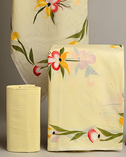 Premium Yellow And Red Floral  Hand Block Printed Cotton Suit With Mulmul Dupatta  EACOTMU31