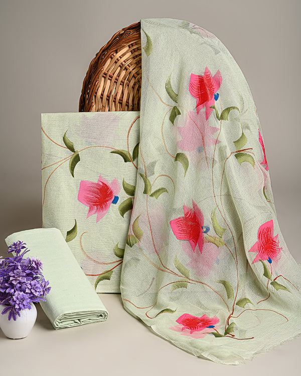 Premium Hand Block Sanganeri Print Cotton Suit With Chiffon Dupatta (EACOTCH16)