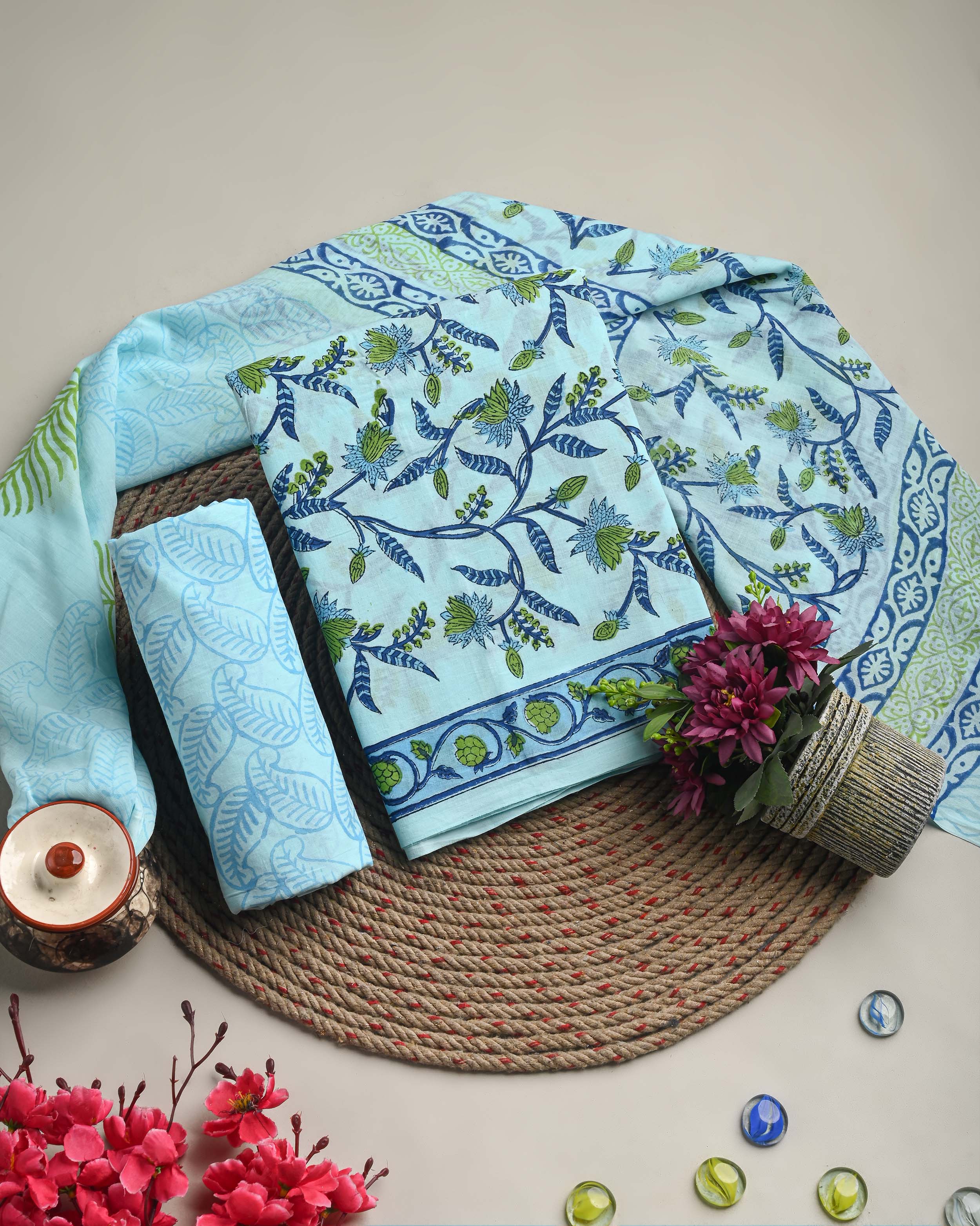 New Floral Hand Block Printed Cotton Suit With Cotton Dupatta(EACOTMU50)