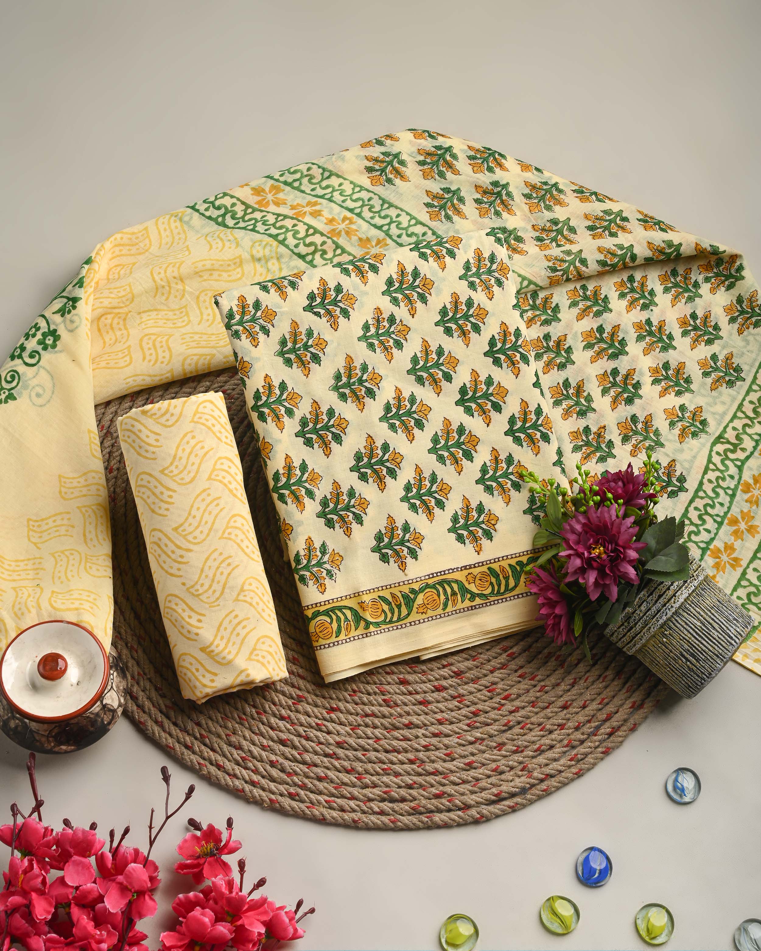 New Floral Yellow Hand Block Printed Cotton Suit With Cotton Dupatta(EACOTMU62)