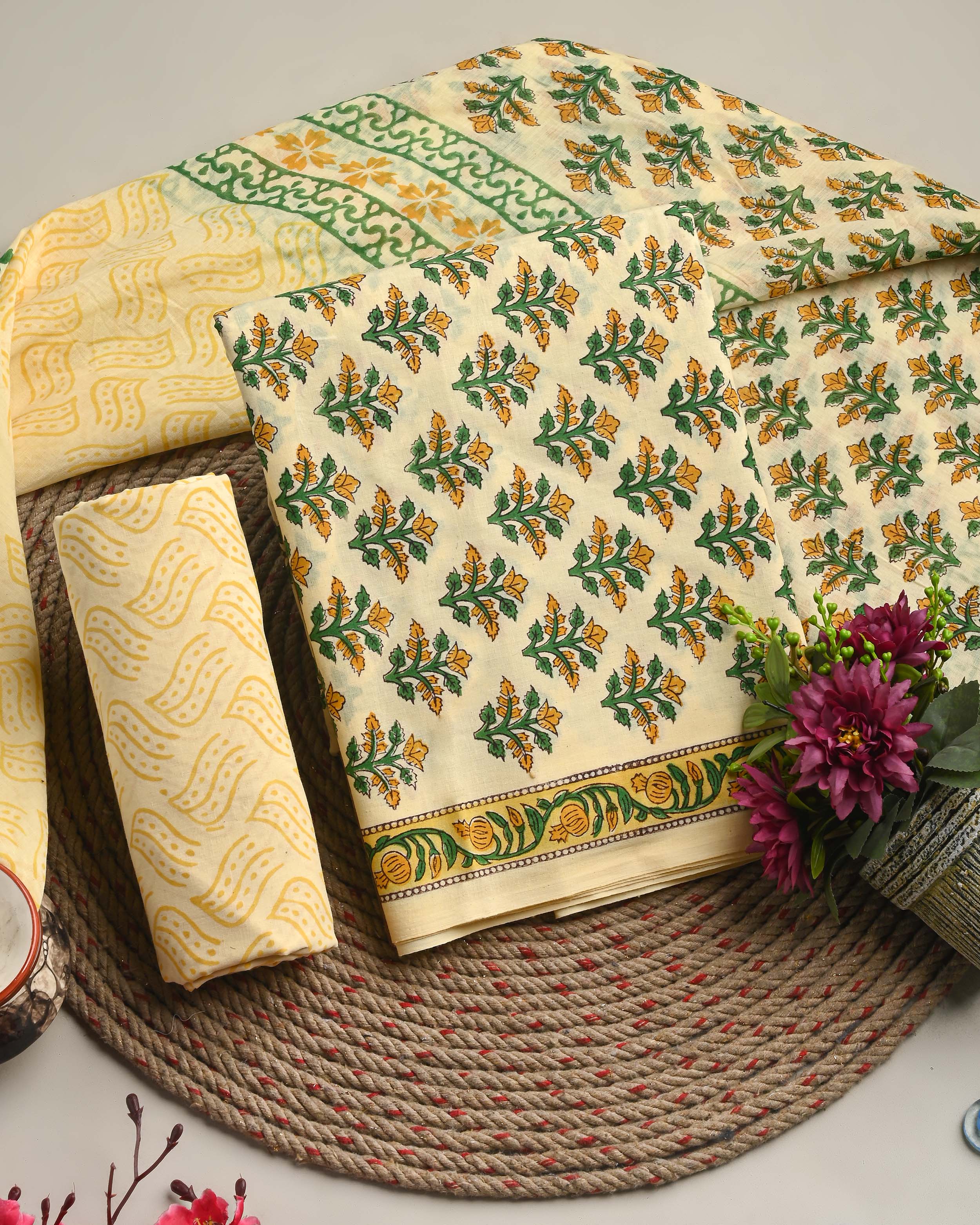 New Floral Yellow Hand Block Printed Cotton Suit With Cotton Dupatta(EACOTMU62)
