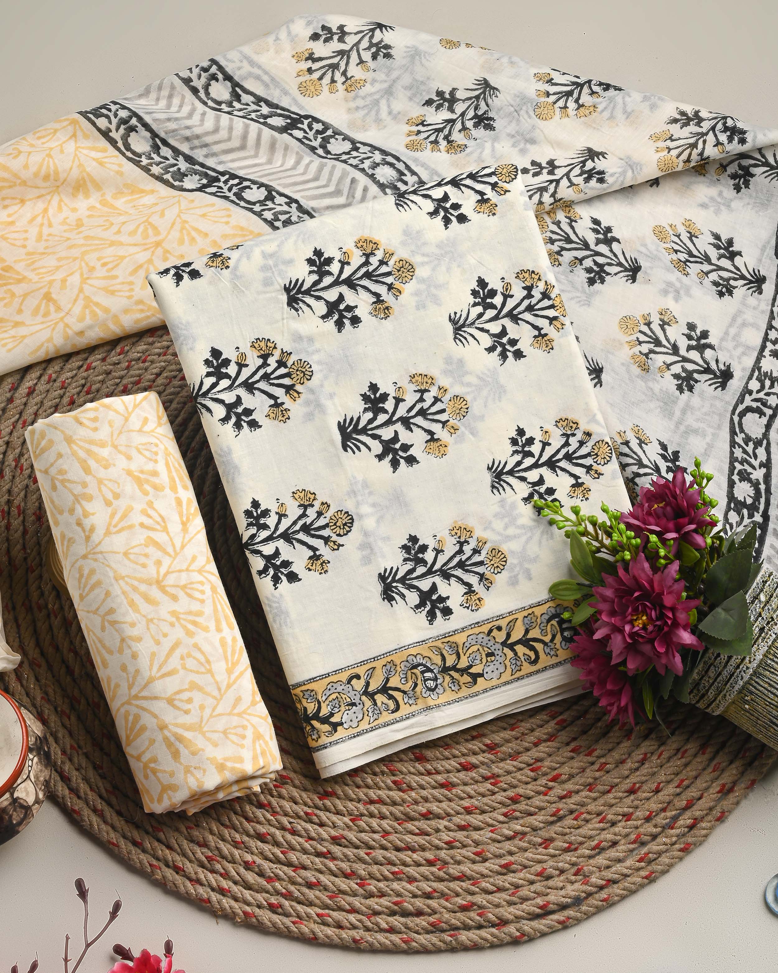 New Floral Hand Block Printed Cotton Suit With Cotton Dupatta(EACOTMU37)