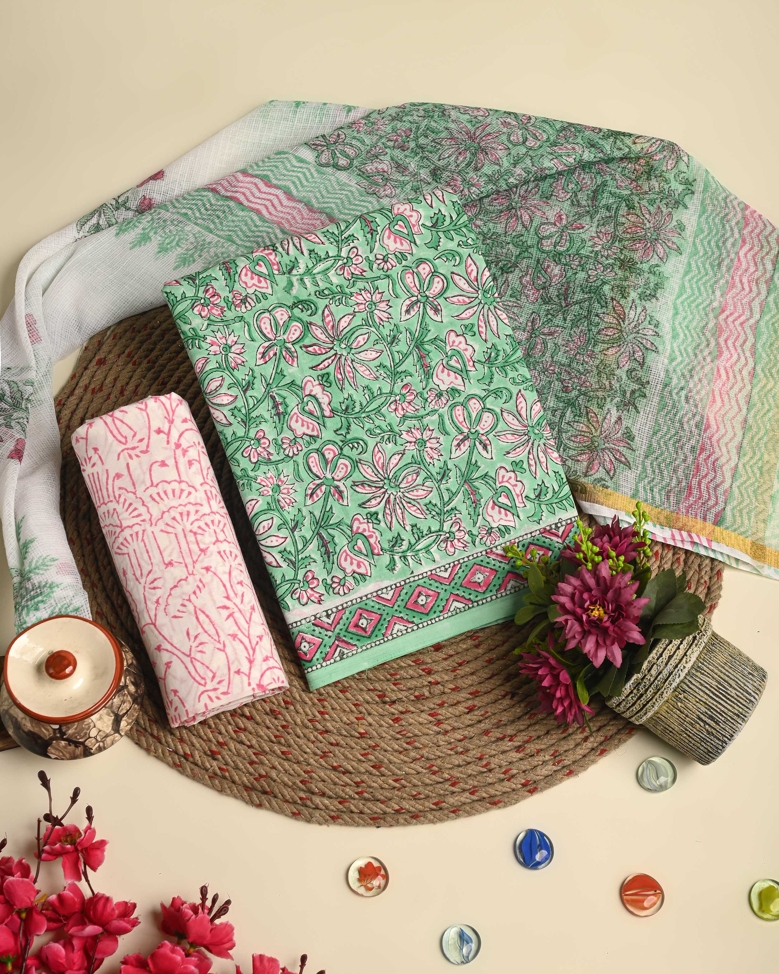 Hand Floral Jaal Block Print Cotton Suit With Kota Dupatta EACOTKO38