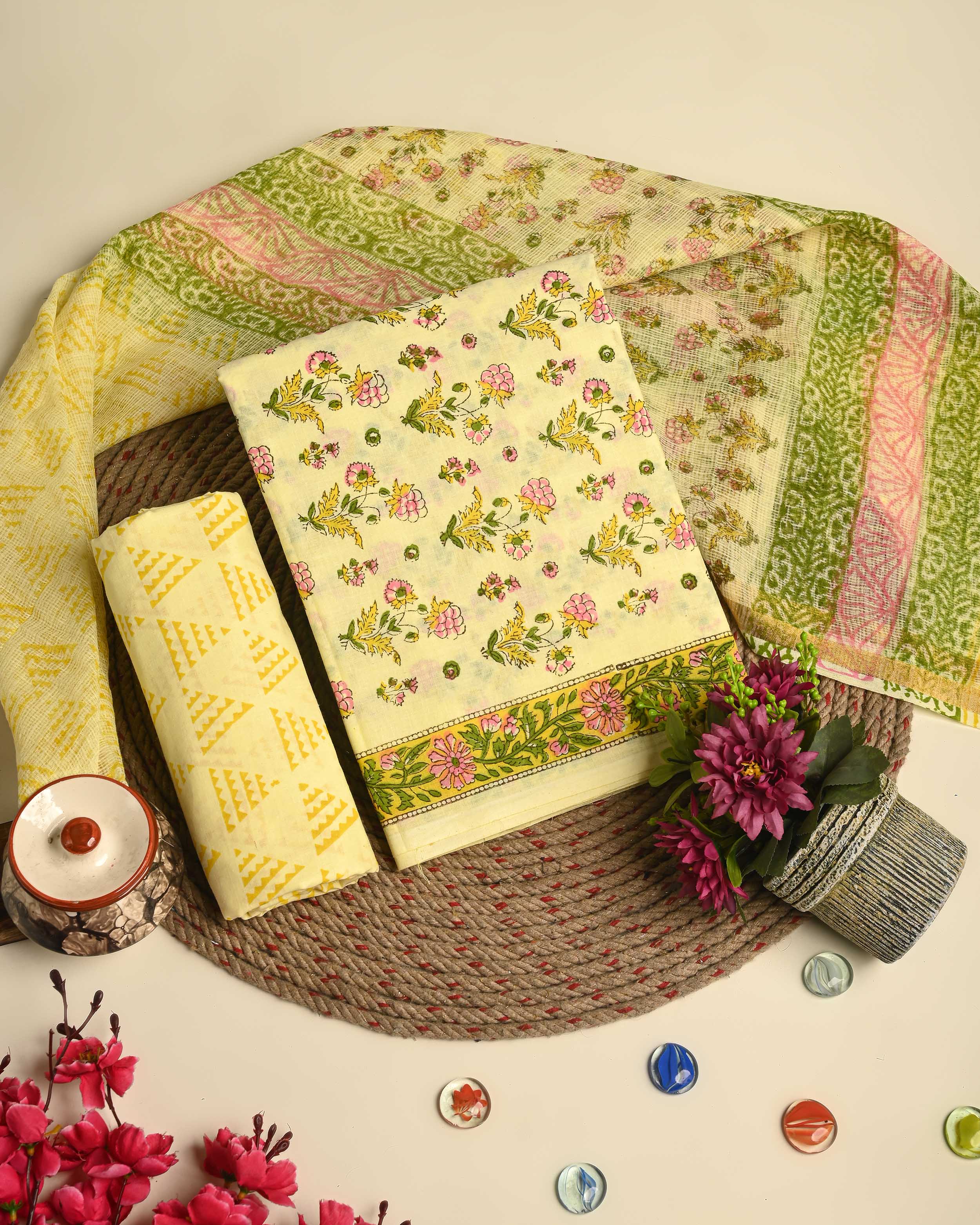 Hand Floral Jaal Block Print Cotton Suit With Kota Dupatta EACOTKO30