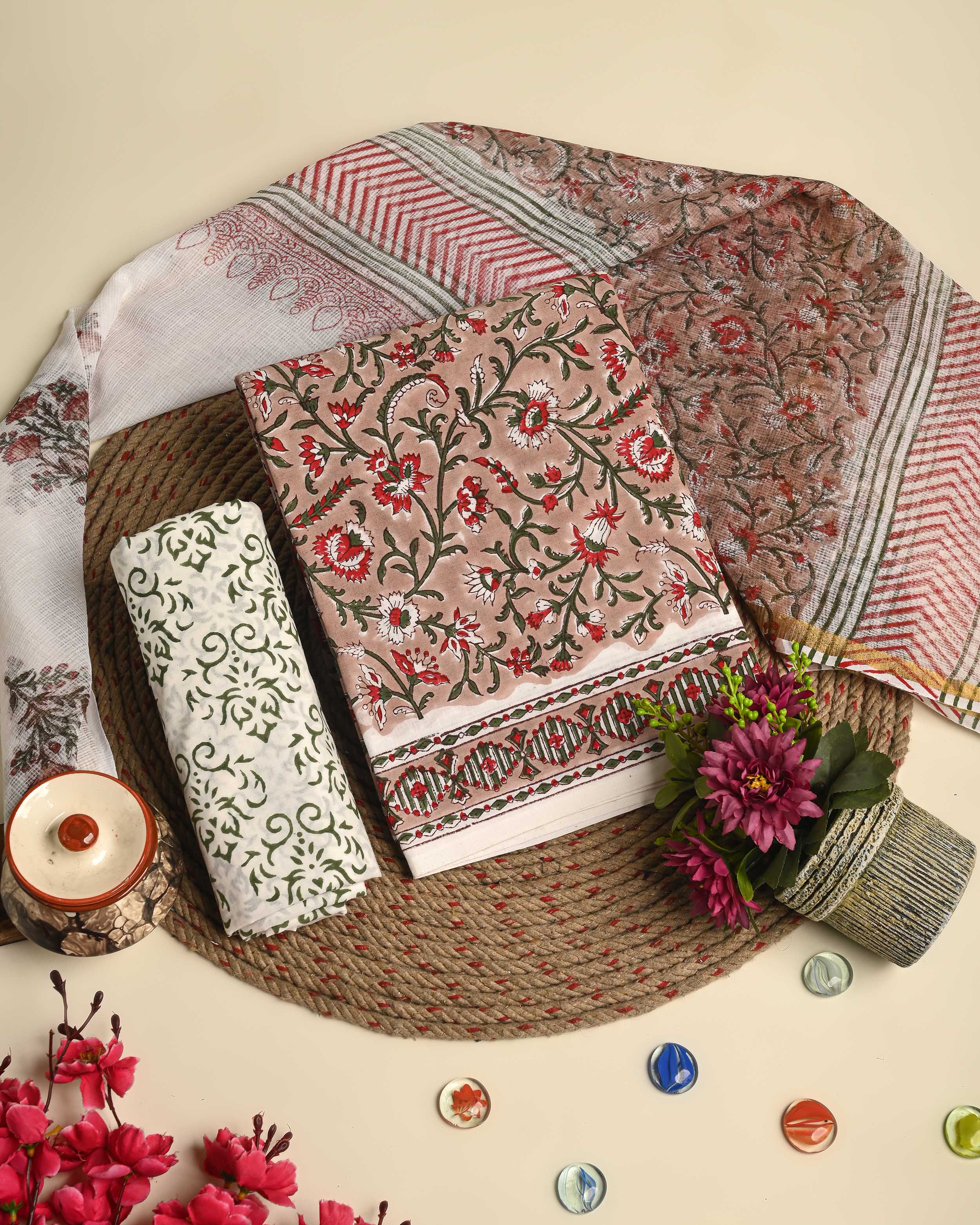 Hand Floral Jaal Block Print Cotton Suit With Kota Dupatta EACOTKO34