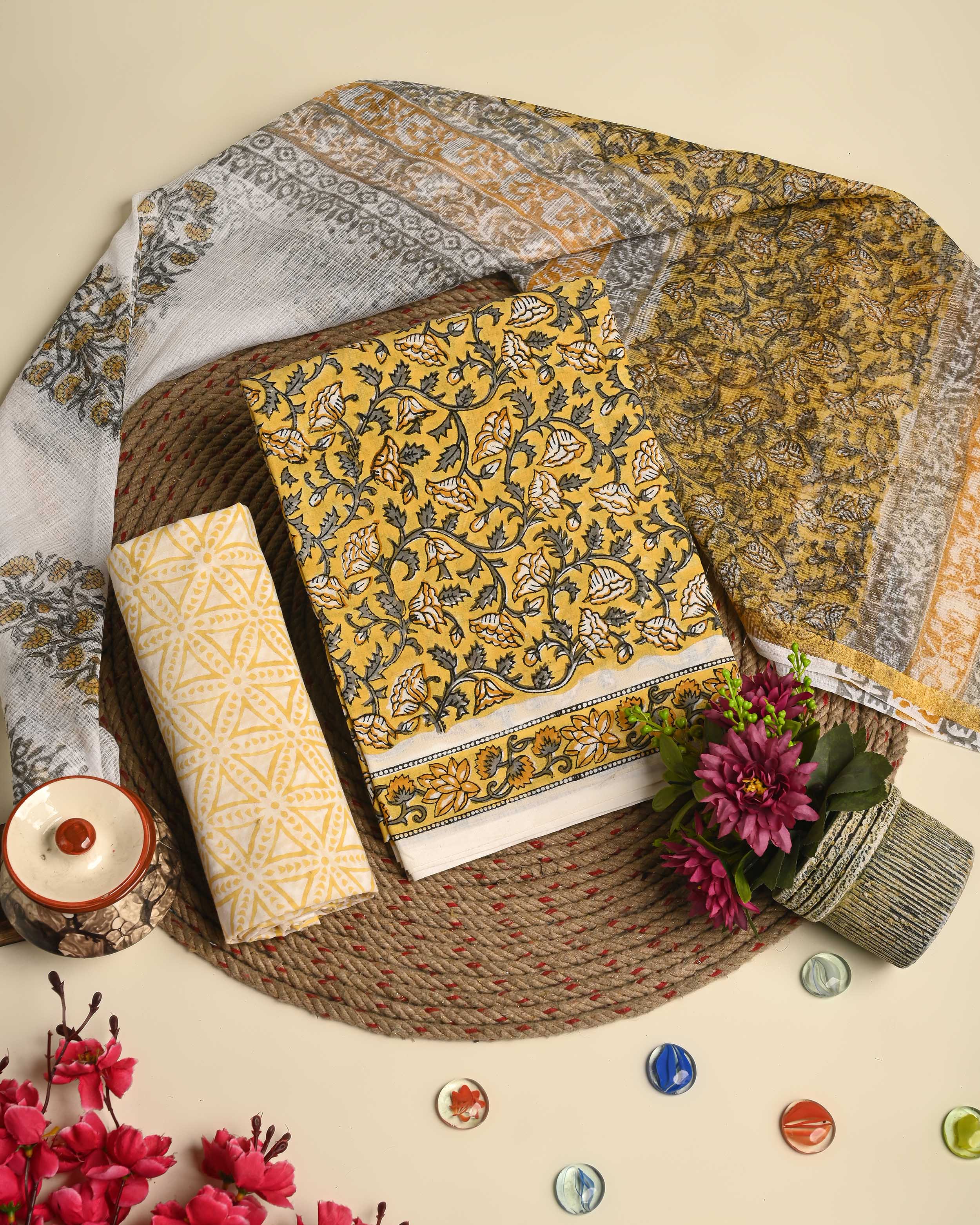 Hand Floral Jaal Block Print Cotton Suit With Kota Dupatta EACOTKO20