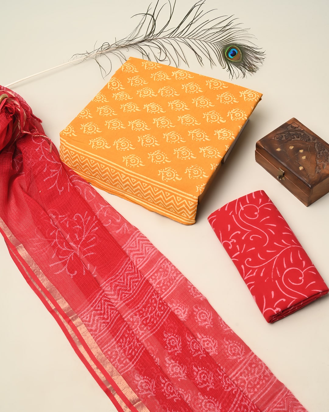 Hand Block Print Cotton Suit Sets With Kota Doria Dupatta (BSCOTKO07)