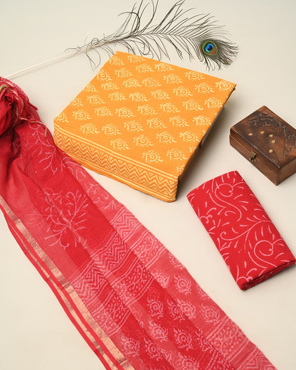 Hand Block Print Cotton Suit Sets With Kota Doria Dupatta (BSCOTKO07)
