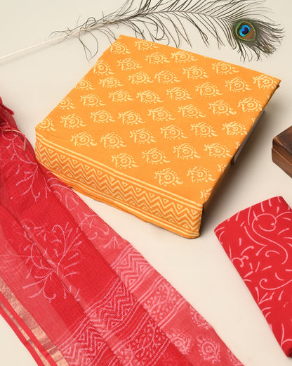 Hand Block Print Cotton Suit Sets With Kota Doria Dupatta (BSCOTKO07)
