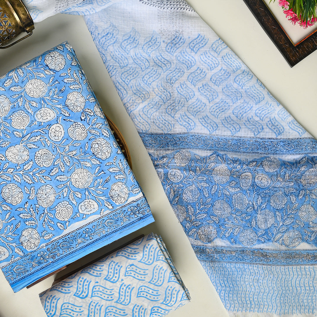 Exclusive  Blue Hand Block Print Cotton Suit With Kota Dupatta EACOTKO36