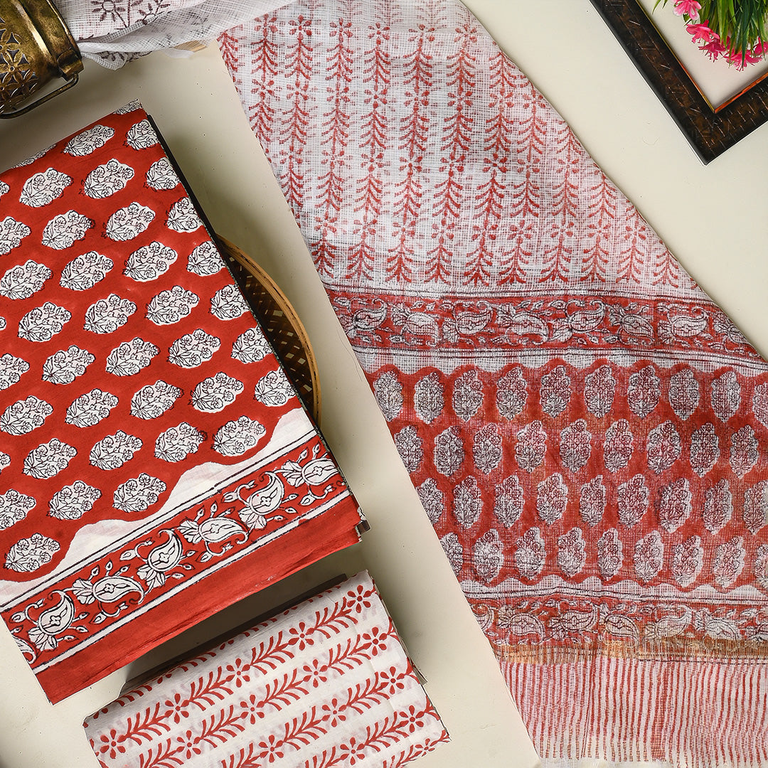Exclusive  Red and White Hand Block Print Cotton Suit With Kota Dupatta EACOTKO33