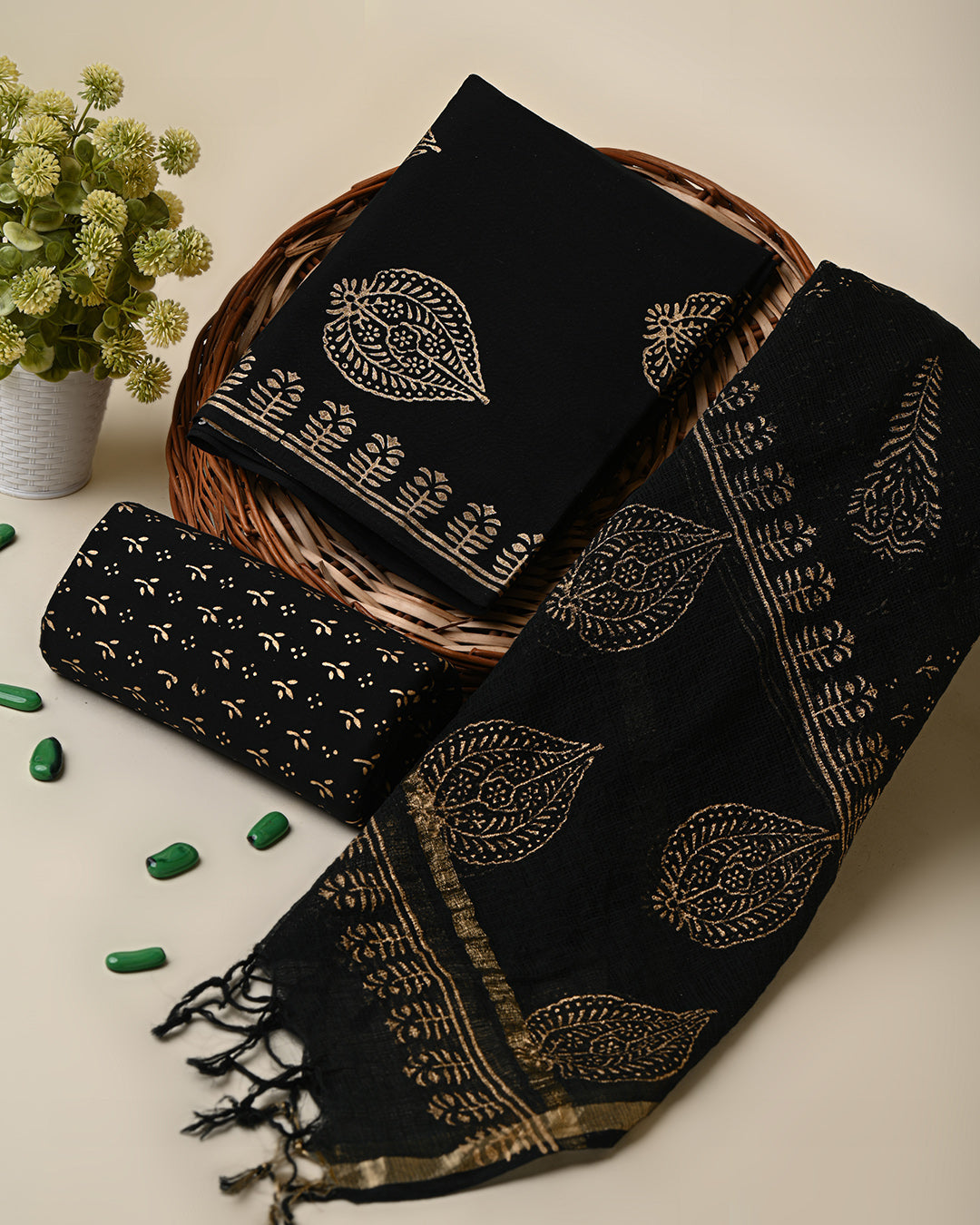 Premium Black Hand Block Elegant Gold Print Cotton Suit With Kota Dupatta (BSCOTKO08)