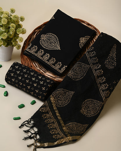 Premium Black Hand Block Elegant Gold Print Cotton Suit With Kota Dupatta (BSCOTKO08)