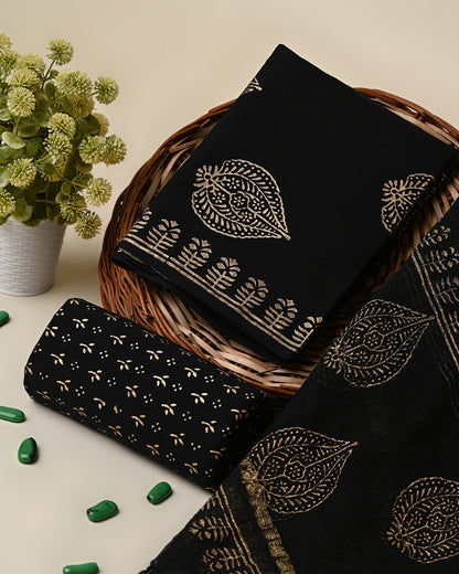 Premium Black Hand Block Elegant Gold Print Cotton Suit With Kota Dupatta (BSCOTKO08)