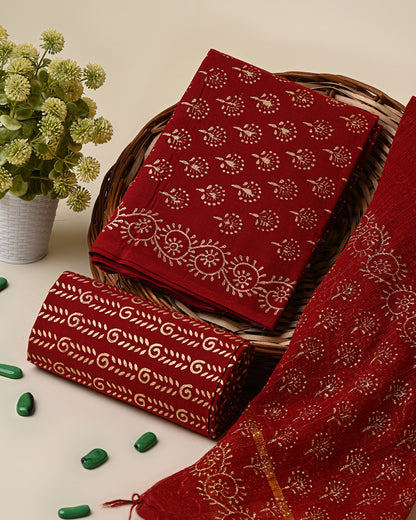Hand Block Elegant Gold Print Cotton Suit With Kota Dupatta (BSCOTKO33)