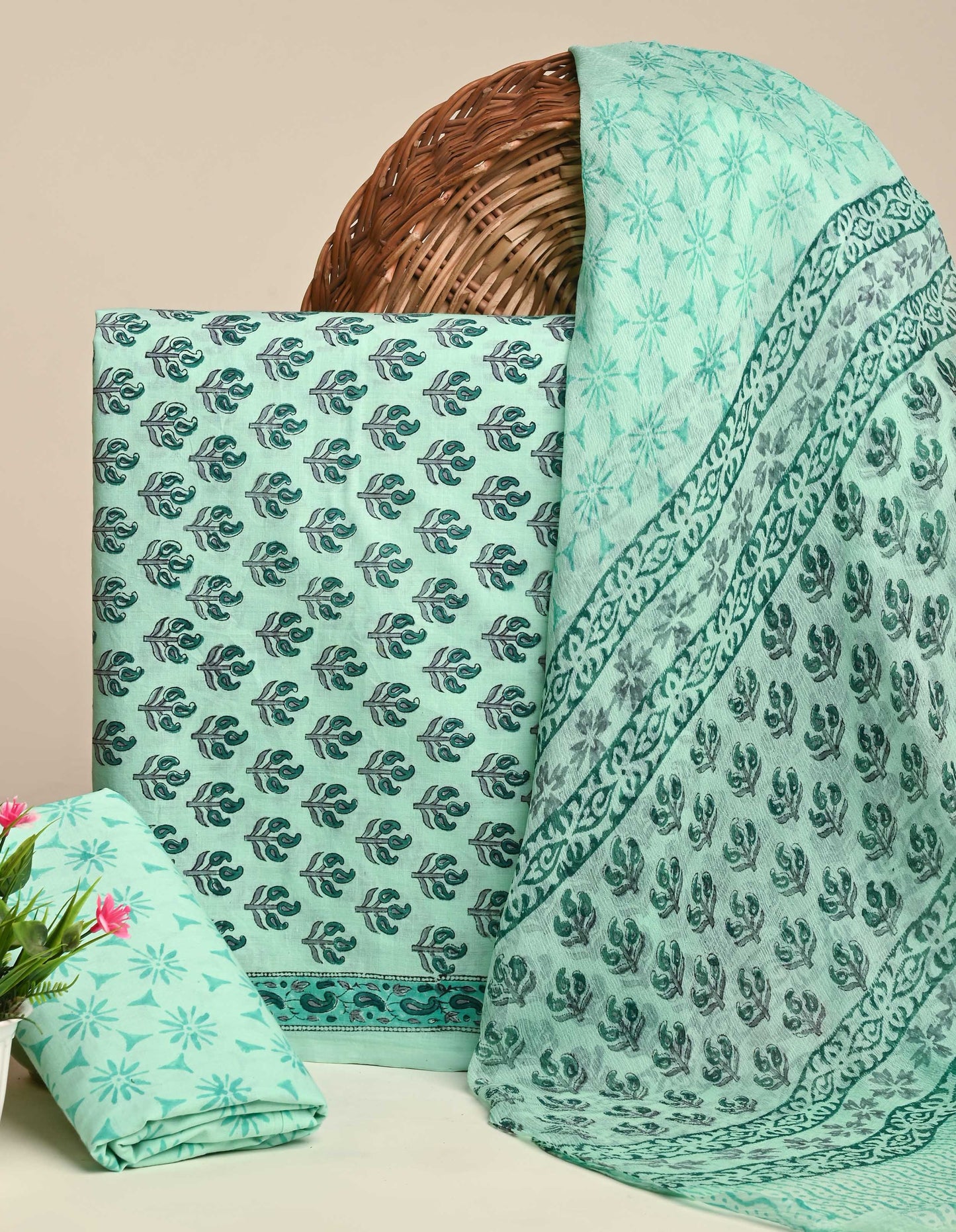 Exclusive Floral Hand Block Print Cotton Suit With Chiffon Dupatta (BSCOTCH43)