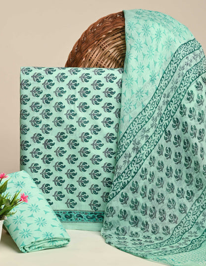 Exclusive Floral Hand Block Print Cotton Suit With Chiffon Dupatta (BSCOTCH43)